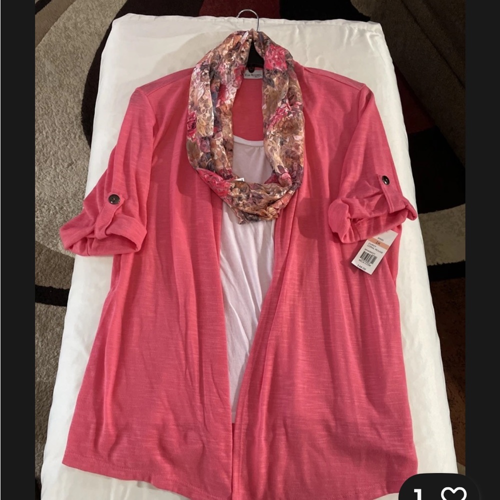 Kim Rogers Pink Cardigan with Floral Scarf